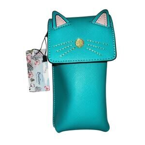 BRENTANO Cat Handbag Turquoise Green Faux Leather Chain Crossbody Wallet Purse